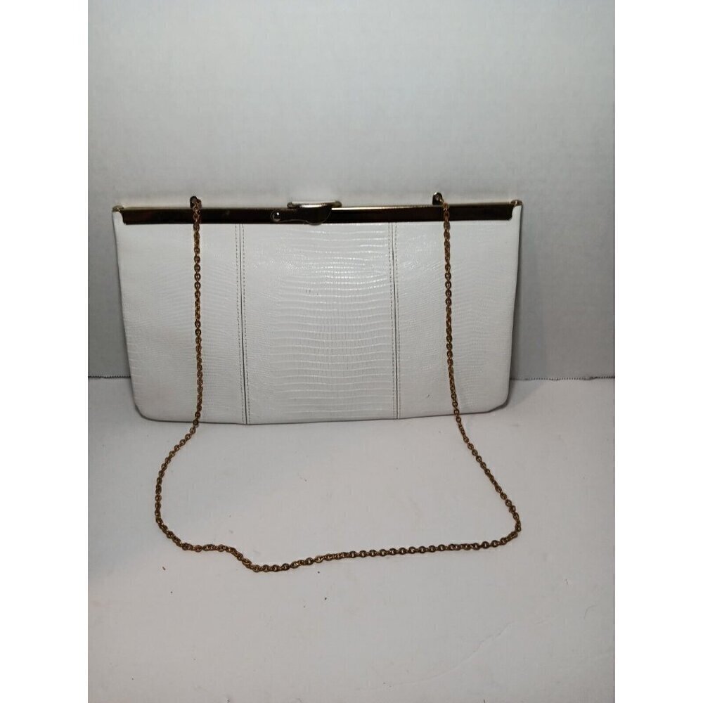 Vintage 80s Etra White Leather Snakeskin Gold Chain Formal Clutch Small Purse